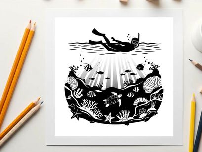 Silhouette of scuba diver exploring coral reef with marine life