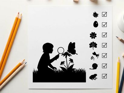 Child in silhouette examining a butterfly with a magnifying glass