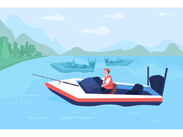 Fishing tournament in boats flat color vector illustration preview picture