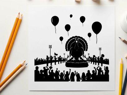 Silhouette of a crowd celebrating with balloons and a large statue
