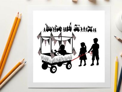 Children's silhouette illustration of kids pulling wagon with silhouette people