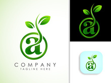Alphabet A in a circle with two green leaf. Nature logo design template