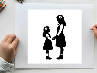 Silhouette of a woman and little girl holding hands in black dresses