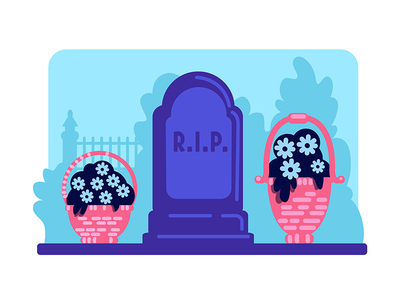 Flowers and tombstone flat color vector illustration
