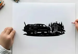 Silhouette of a pickup truck parked beside a cabin