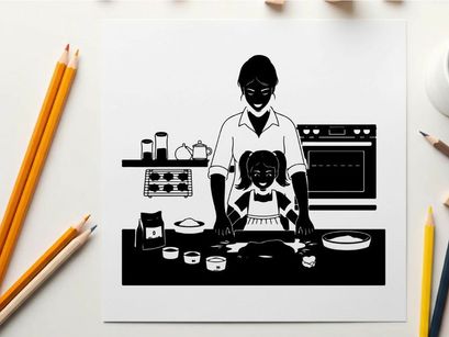 Silhouette of mother and child baking together in kitchen