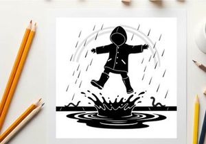 Silhouette of a child jumping in a puddle on a rainy day