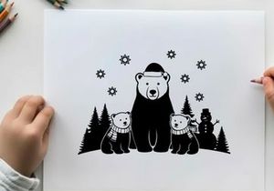 Winter scene with bear family silhouette in snowy forest