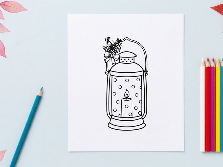Ilustrasi seni garis lentera Natal dengan ranting pinus dan lilin untuk dekorasi hari raya
