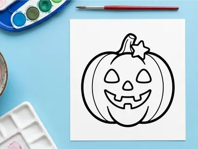 Hand-drawn Halloween jack-o-lantern with glowing smile and star. Cute cartoon pumpkin face illustration for festive autumn decor and party designs.