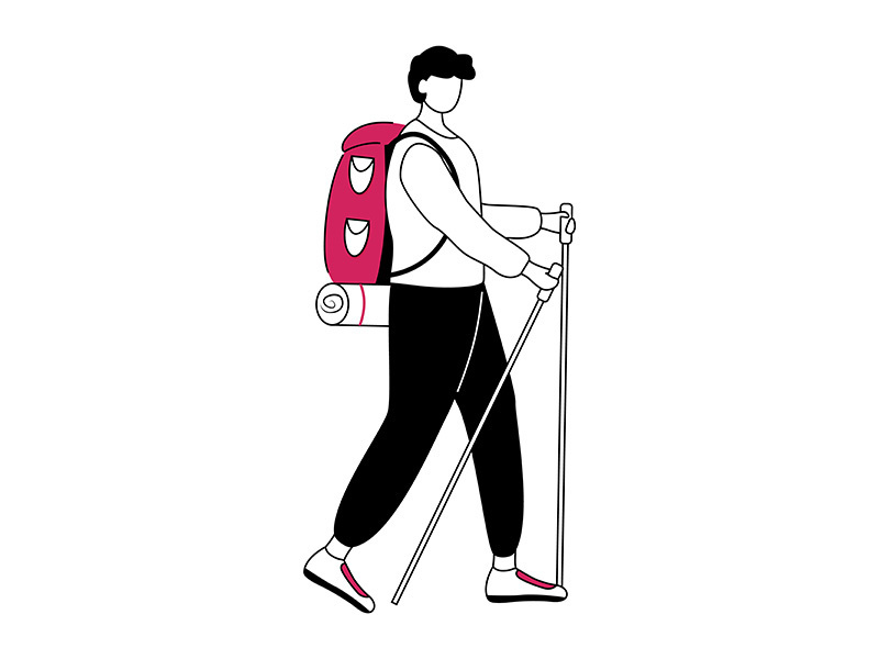 Boy with hiking sticks flat contour vector illustration