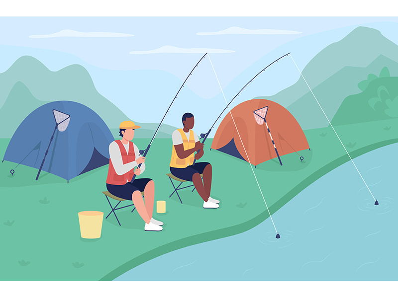 Male tourists fishing flat color vector illustration