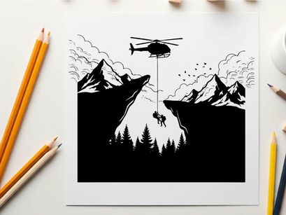 Silhouette of helicopter rescuing person in mountainous terrain with silhouette