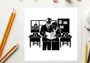 Silhouette of business people reviewing documents in office setting