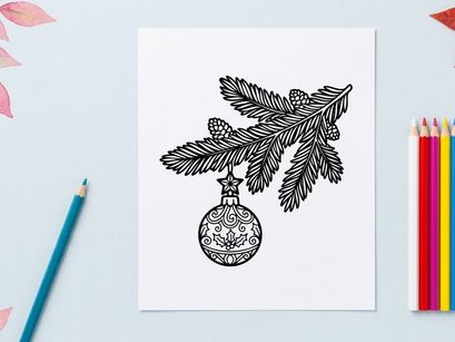 Hand-drawn Christmas ornament with pine branches and golden globe hanging for festive holiday decor