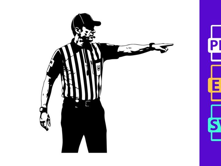 A black and white image of a referee pointing to the right in a striped shirt