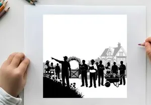 Silhouette of people standing in front of a large house with a gate