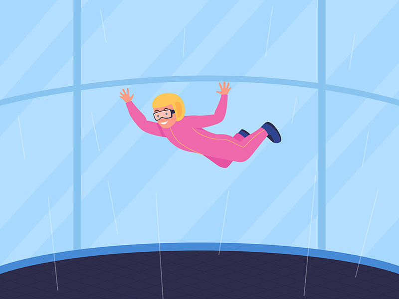 Recreational wind tunnel skydiving flat color vector illustration