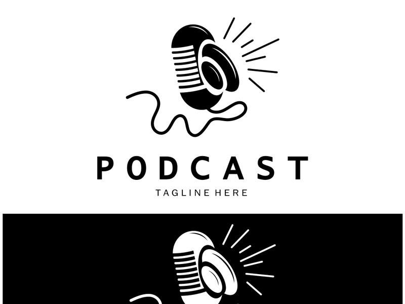 podcast logo with microphone and earphone audio, radio waves. for studio, talk show, chat, information sharing, interview, multimedia and web.