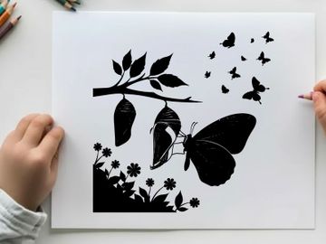 Butterfly silhouette emerging from chrysalis on branch with flowers preview picture