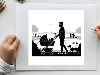 Silhouette of man walking baby stroller and dog in park