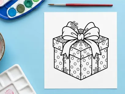 Christmas gift box with polka dot pattern and bow, black and white line art illustration.
