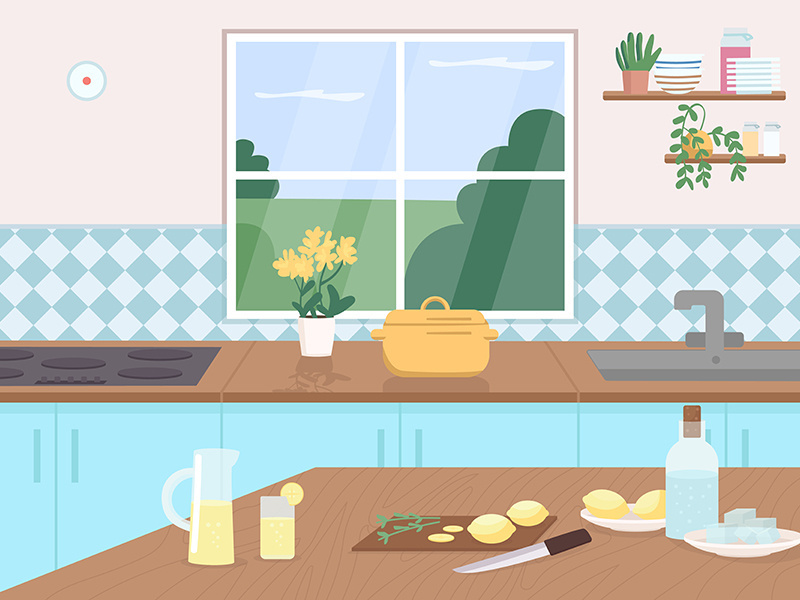 Kitchen counter flat color vector illustration