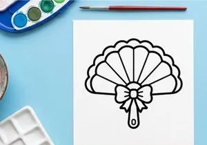 Ícone de leque com laço decorativo. Ilustração minimalista em preto e branco com traços lineares.