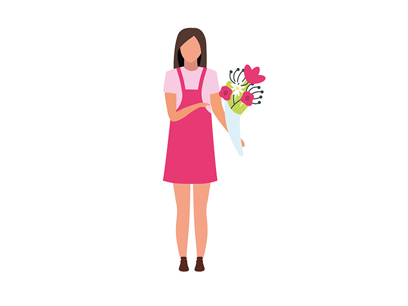 Young woman with flower bouquet semi flat color vector character