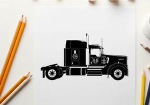 Silhouette of a large black semi truck on a white background