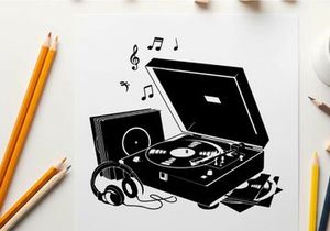 Silhouette of a record player with music notes and headphones