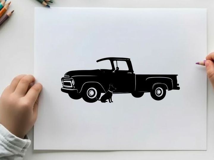 Silhouette of a classic pickup truck with a dog