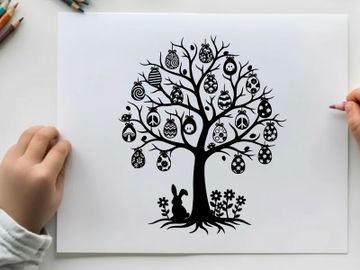 Easter tree silhouette with bunny and decorated eggs preview picture