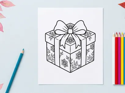 Caixa de presente de Natal com padrão de floco de neve e laço, ilustração em arte de linha preto e branco.