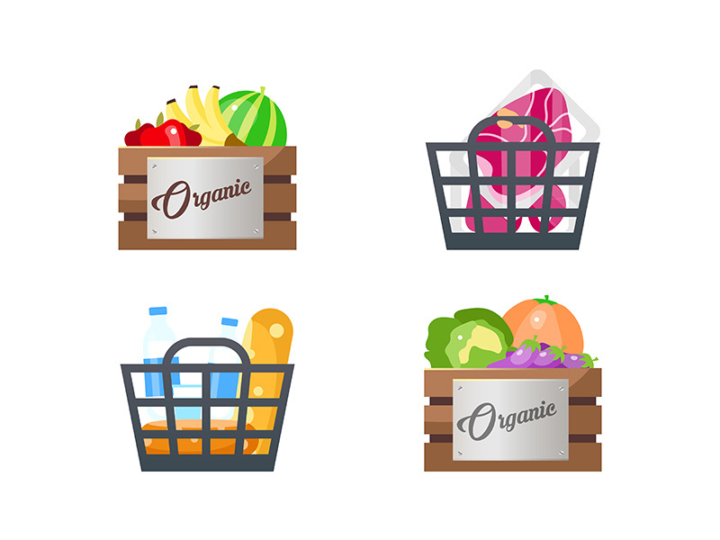 Food baskets flat color vector objects set