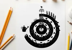 Silhouette of a spiral garden with a watering can and flower