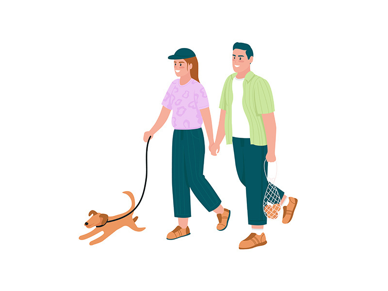 Happy couple walking dog flat color vector detailed characters