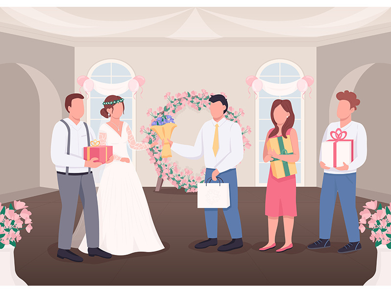 Gifts for bride and groom flat color vector illustration