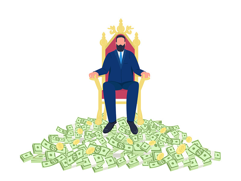 Successful businessman sitting on throne flat concept vector illustration