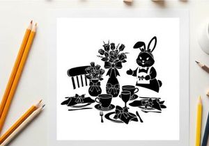 Whimsical silhouette of a bunny at a tea party with flowers