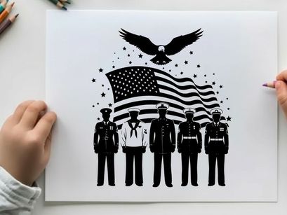 American patriotic silhouette of soldiers and flag with eagle