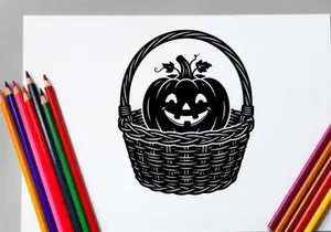 Labu Halloween dalam Keranjang Anyaman dengan Wajah Ukiran dan Daun