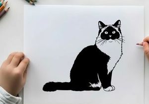 Silhouette of a sitting cat with white and black fur