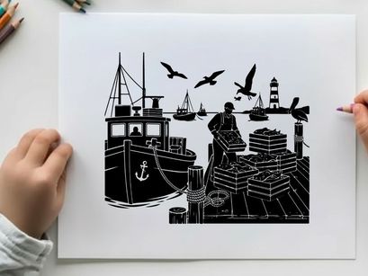 Silhouette of a man working on a dock with boats