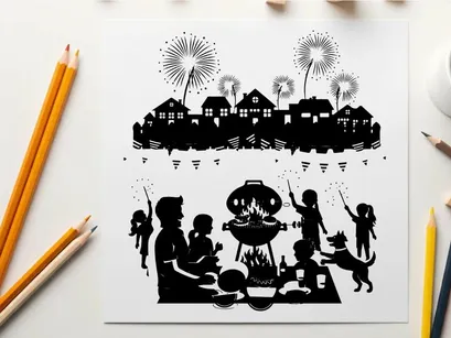Silhouette of family celebrating with fireworks at home