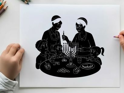 Silhouette of two women lighting menorah with traditional jewish dinner
