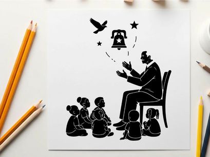 Silhouette of a man telling stories to children with a silhouette