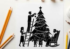 Family decorating christmas tree with silhouette of people and kids