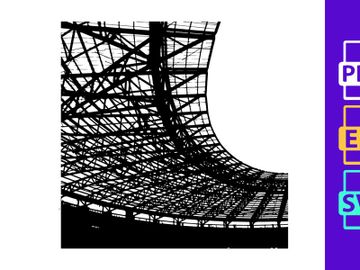 Black and white photo of a large industrial or sports venue roof structure preview picture