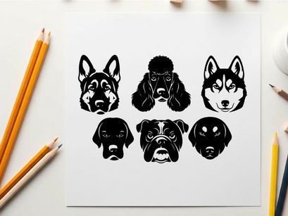 Silhouette of six dog breeds in two rows silhouette